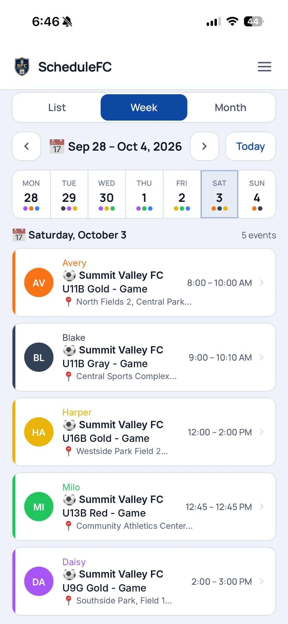 Family calendar week view on a phone: five kids' games on one Saturday, each color-coded