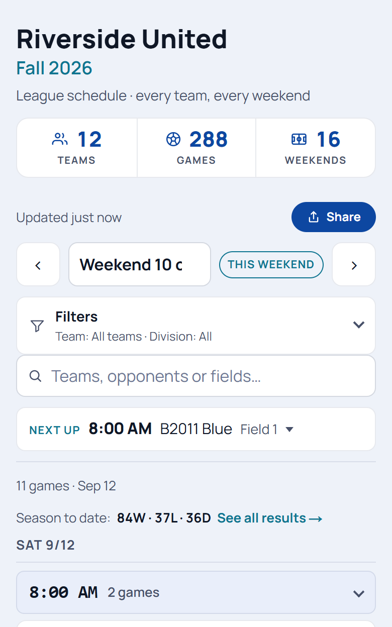 League Play on a phone: a club's league weekend with every team's game