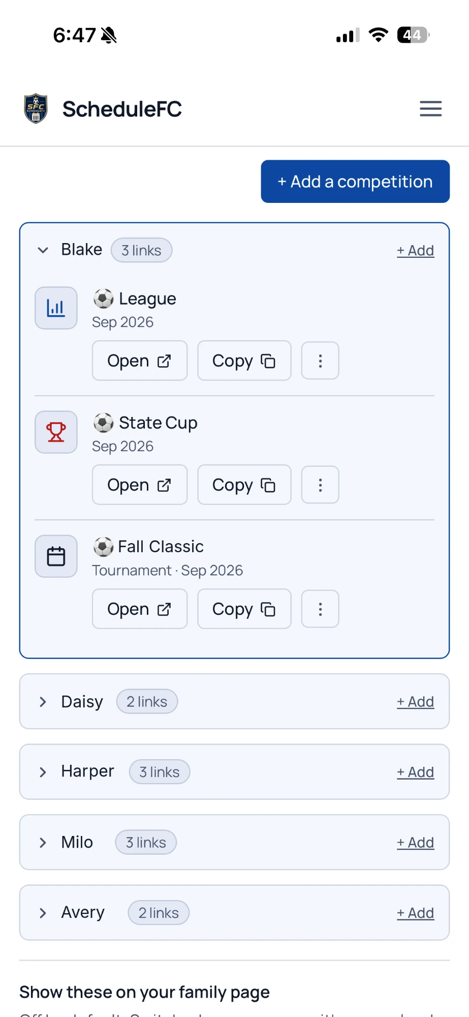 Link Locker on a phone: one kid's League, State Cup and tournament links