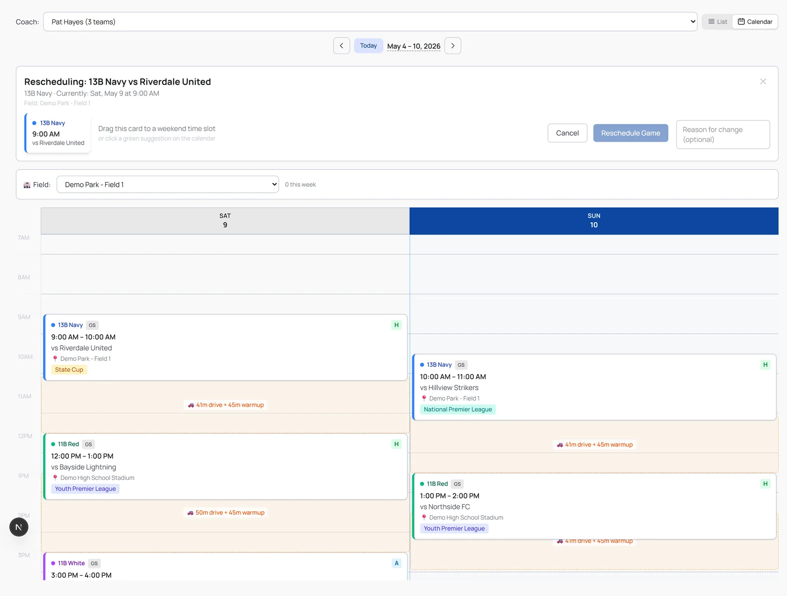 The team manager workspace's reschedule view: a weekend grid with a game being moved and travel buffers shown