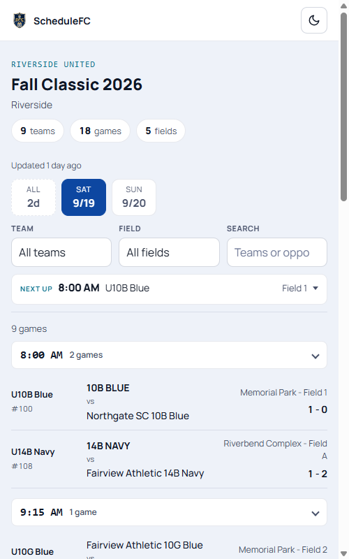 Tournament Day on a phone: a club's Saturday games grouped by kickoff time
